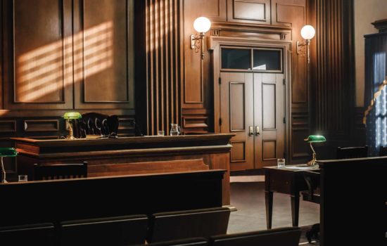 An empty courtroom.